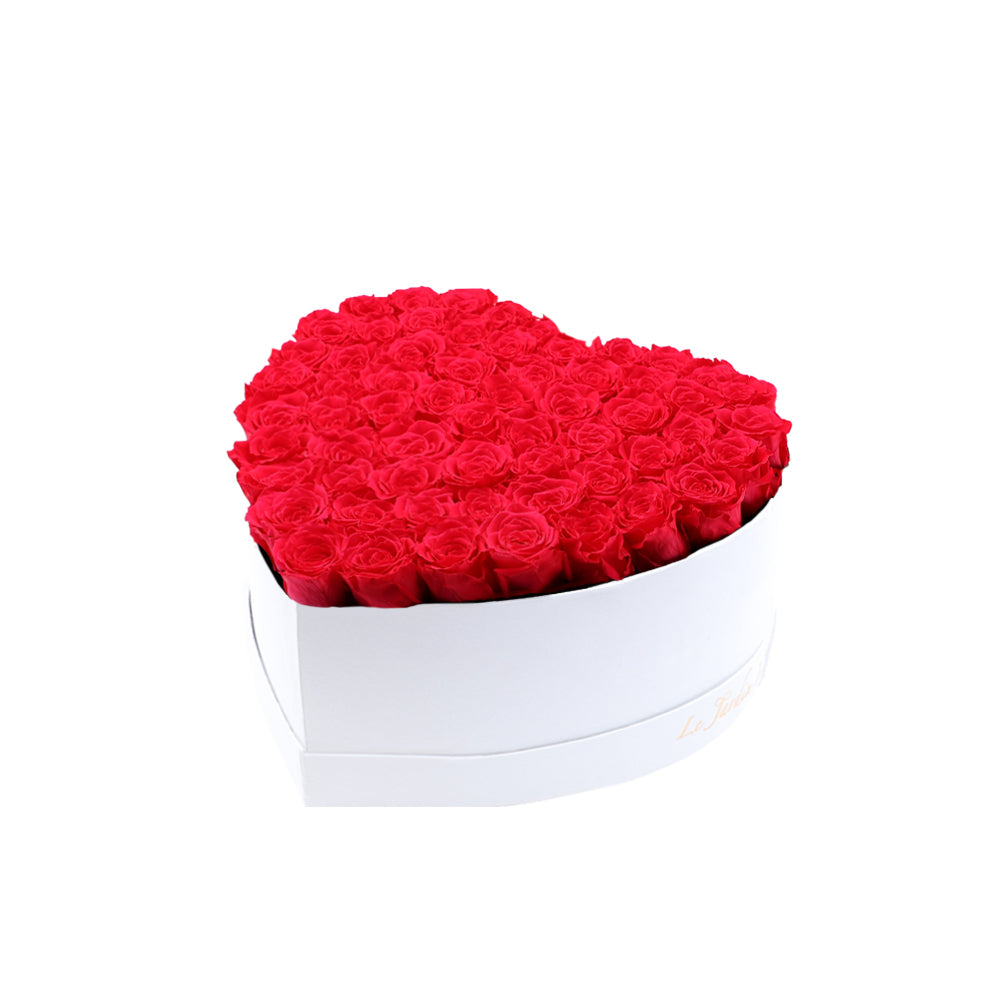 65-75 Hot Pink Preserved Roses in A Heart Shaped Box- Medium Heart Luxury White Suede Box