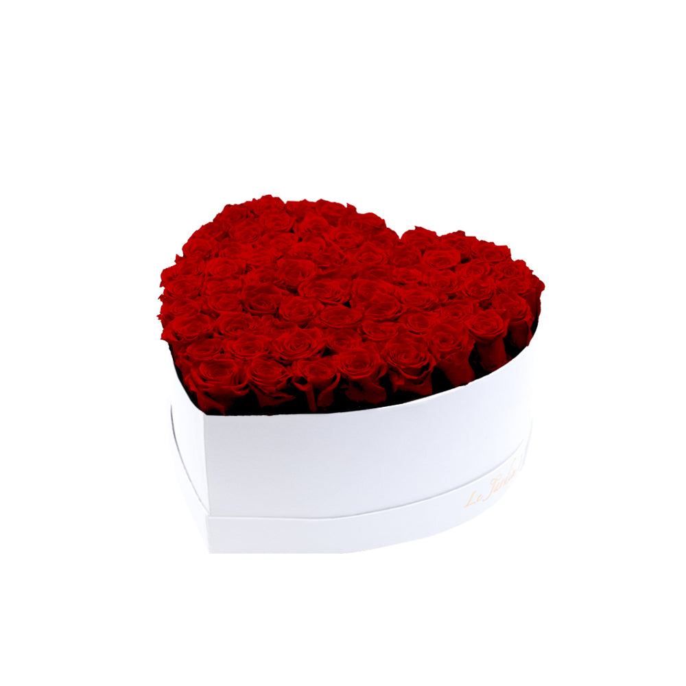 65-75 Red Preserved Roses in A Heart Shaped Box- Medium Heart Luxury White Suede Box