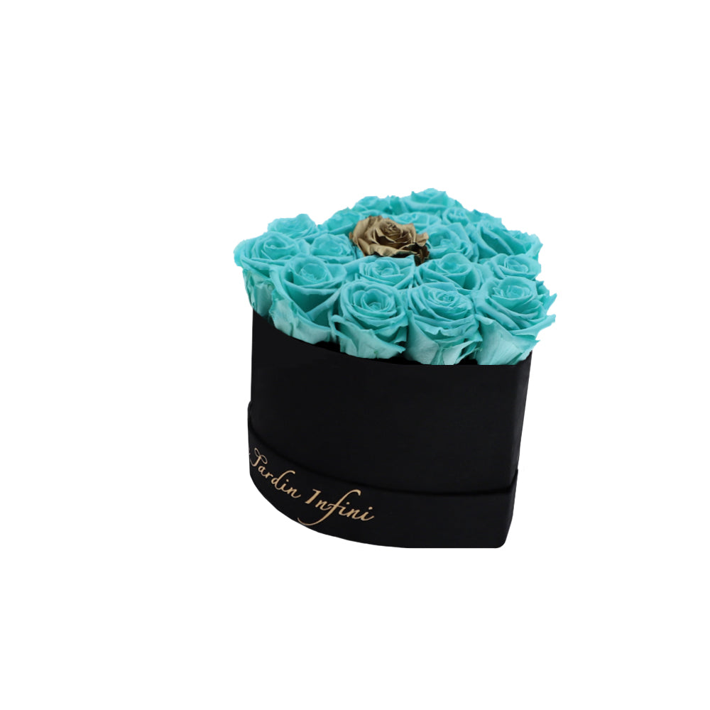 Turquoise Preserved Roses Gold Center in A Heart Shaped Box - 16-18 Roses Heart Luxury Black Suede Box