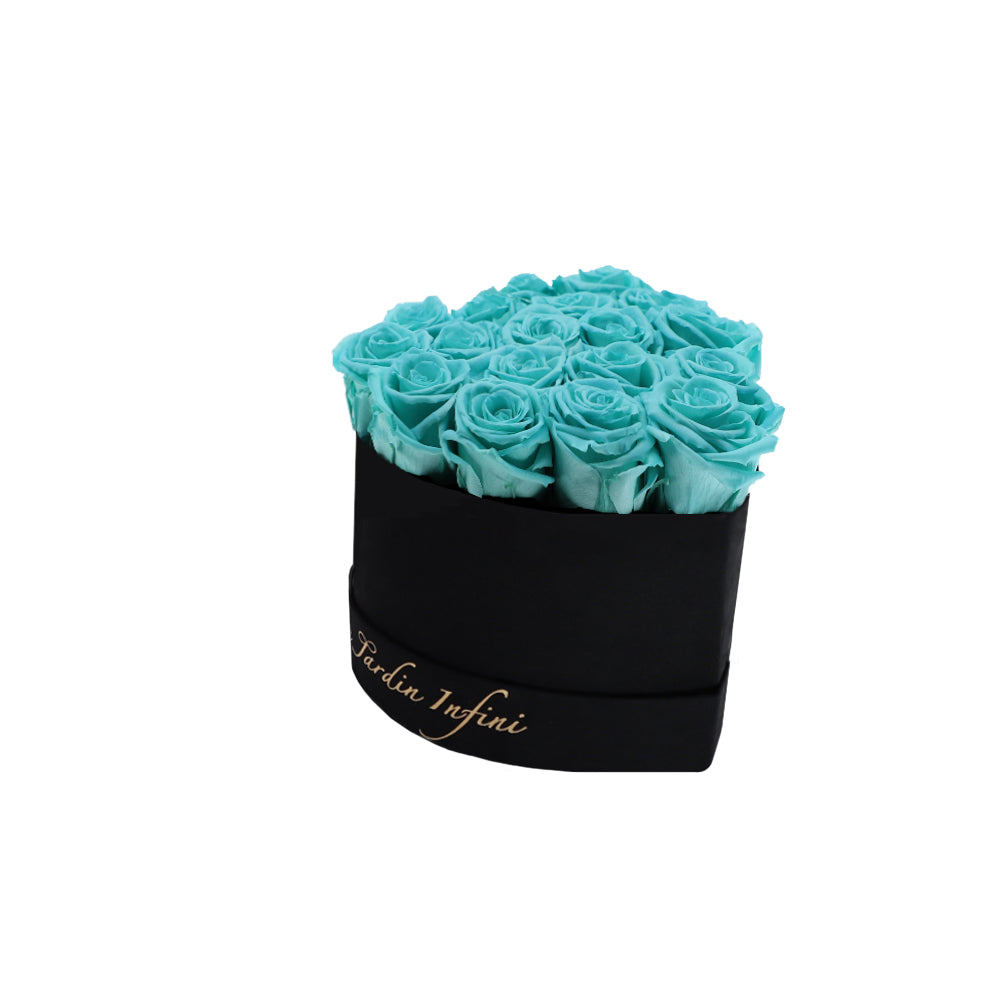 Turquoise Preserved Roses in A Heart Shaped Box - 16-18 Roses Heart Luxury Black Suede Box
