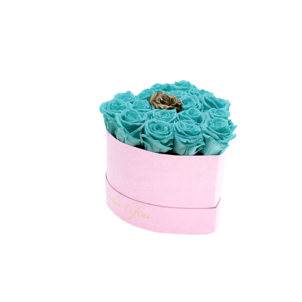 Turquoise Preserved Roses Gold Center in A Heart Shaped Box - 16-18 Roses Heart Luxury Pink Suede Box