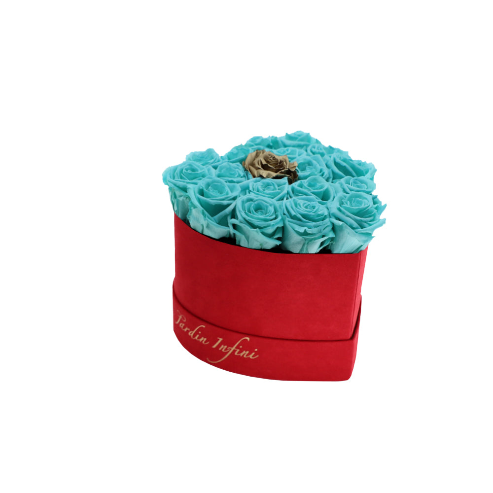 Turquoise Preserved Roses Gold Center in A Heart Shaped Box - 16-18 Roses Heart Luxury Red Suede Box