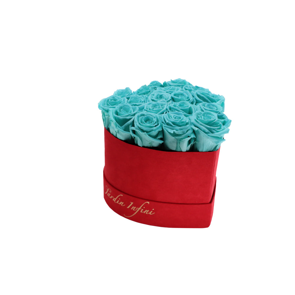 Turquoise Preserved Roses in A Heart Shaped Box - 16-18 Roses Heart Luxury Red Suede Box
