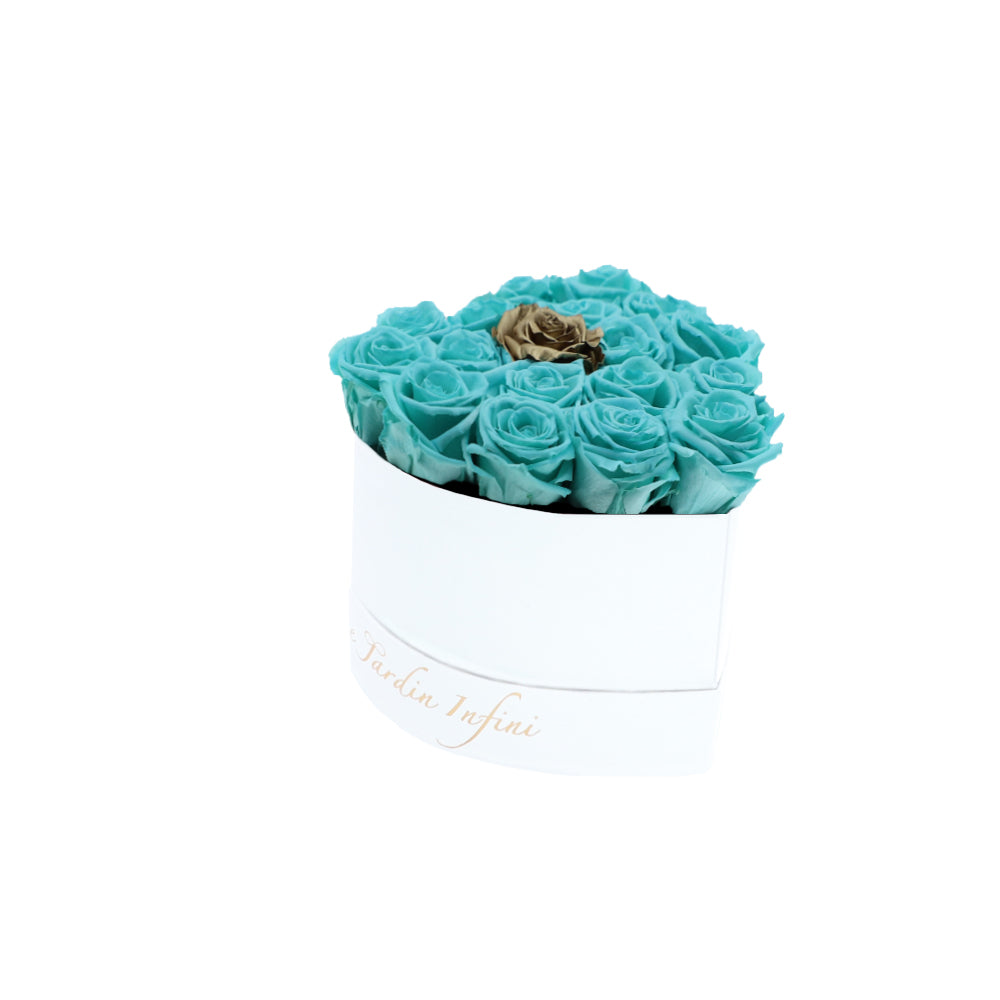 Turquoise Preserved Roses Gold Center in A Heart Shaped Box - 16-18 Roses Heart Luxury White Suede Box