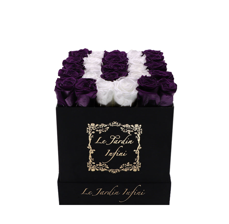 Letter U White & Purple Preserved Roses - Luxury Medium Black Suede Box