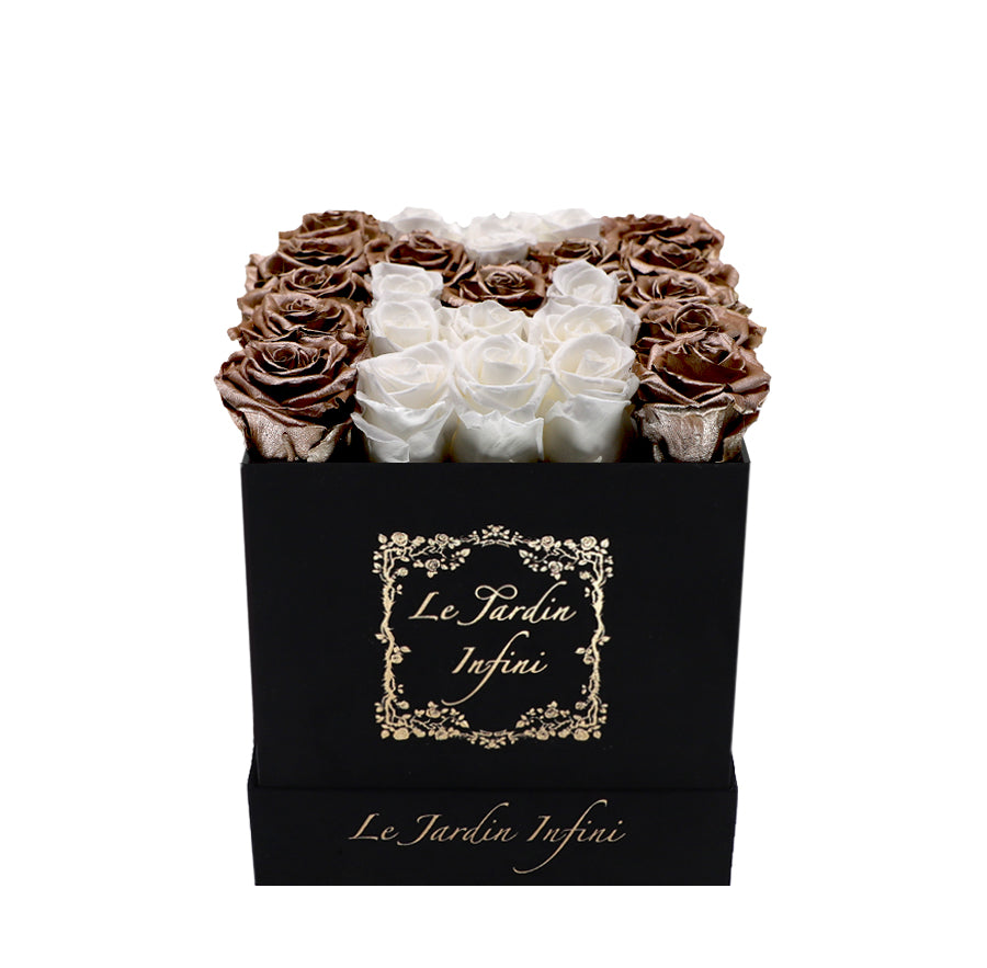 Letter M Rose Gold & White Preserved Roses - Luxury Medium Black Suede Box