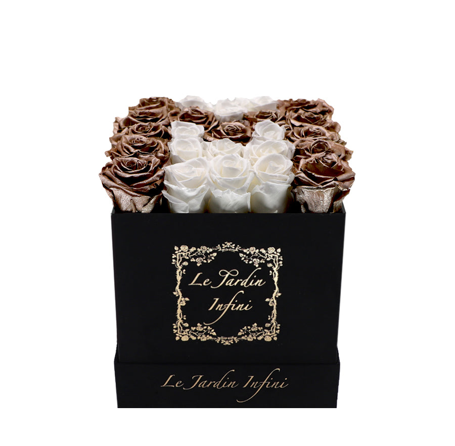 Letter M Rose Gold & White Preserved Roses - Luxury Medium Black Suede Box