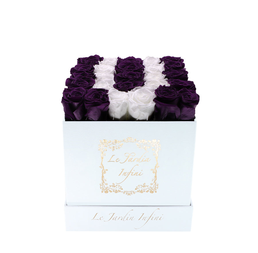Letter U White & Purple Preserved Roses - Luxury Medium White Suede Box