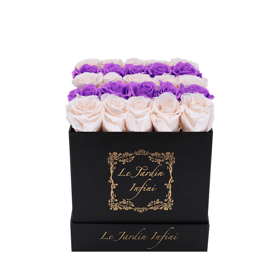 Champagne & Bright Lilac Stripes Preserved Roses - Medium Square Black Box