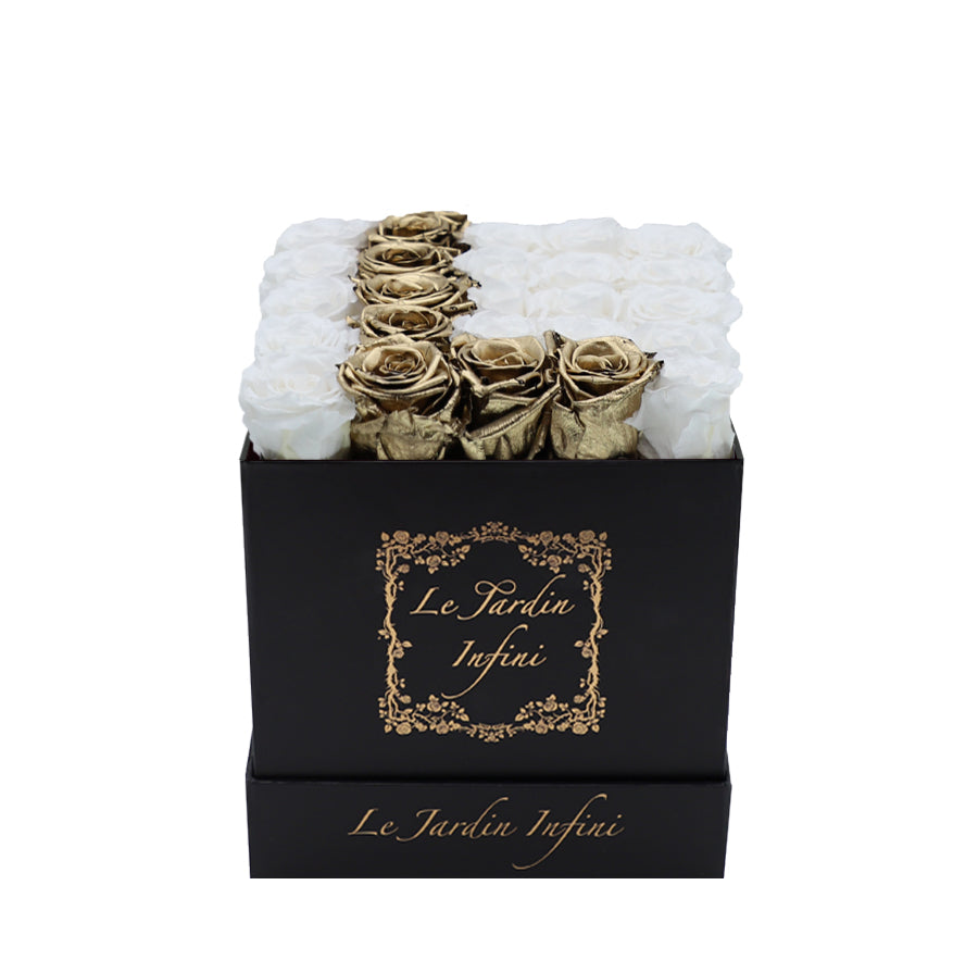Letter L Gold & White Preserved Roses - Medium Black Box