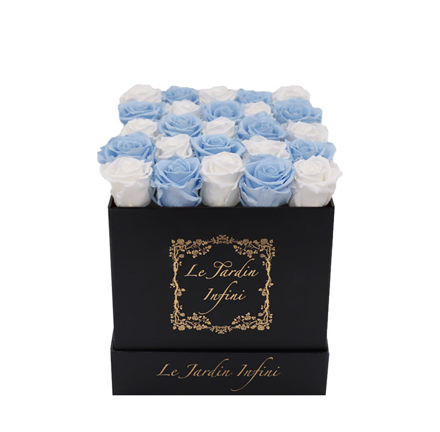 White & Baby Blue Checker Preserved Roses - Medium Square Black Box
