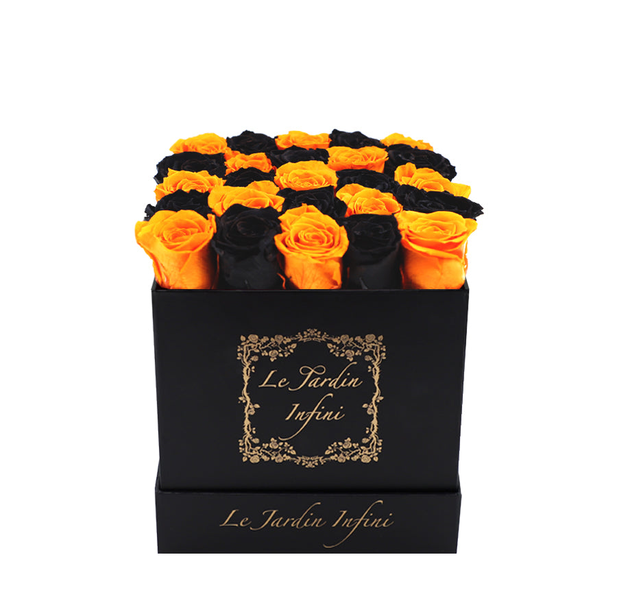 Orange & Black Checker Preserved Roses - Medium Square Black Box