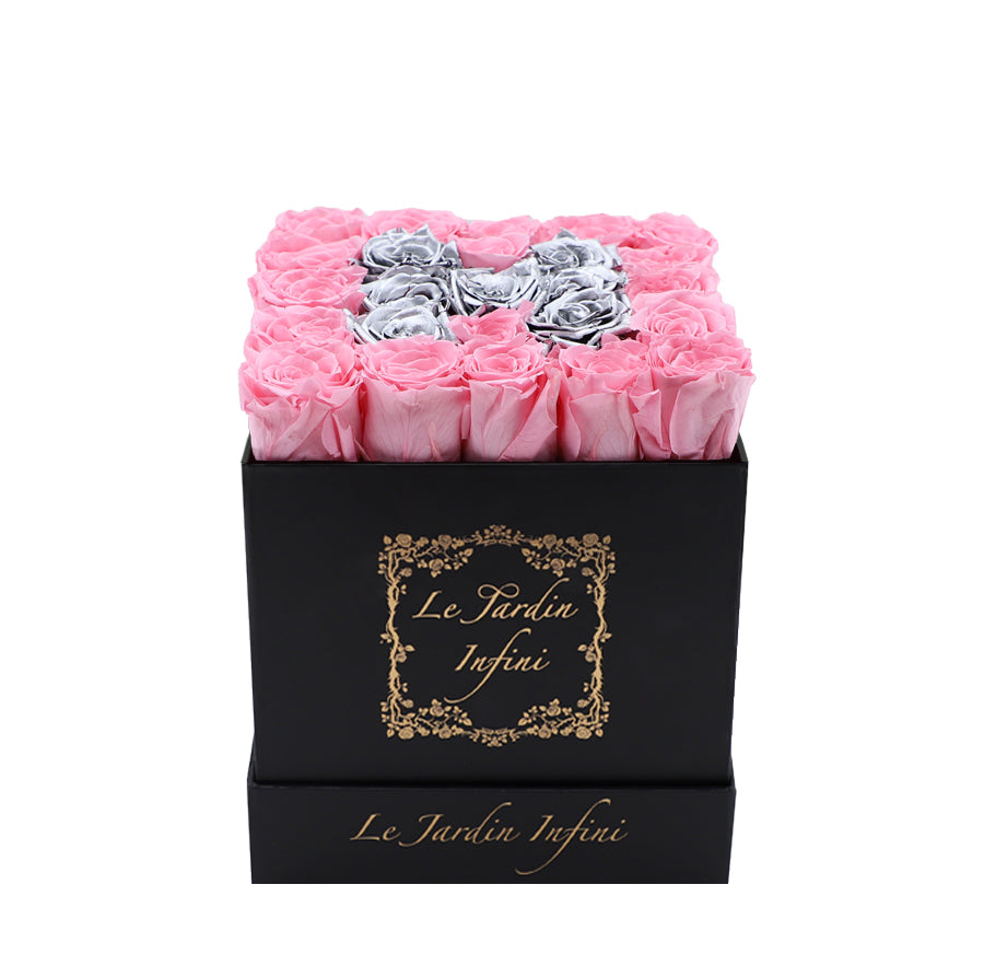 Letter H Silver & Pink Preserved Roses - Medium Black Box