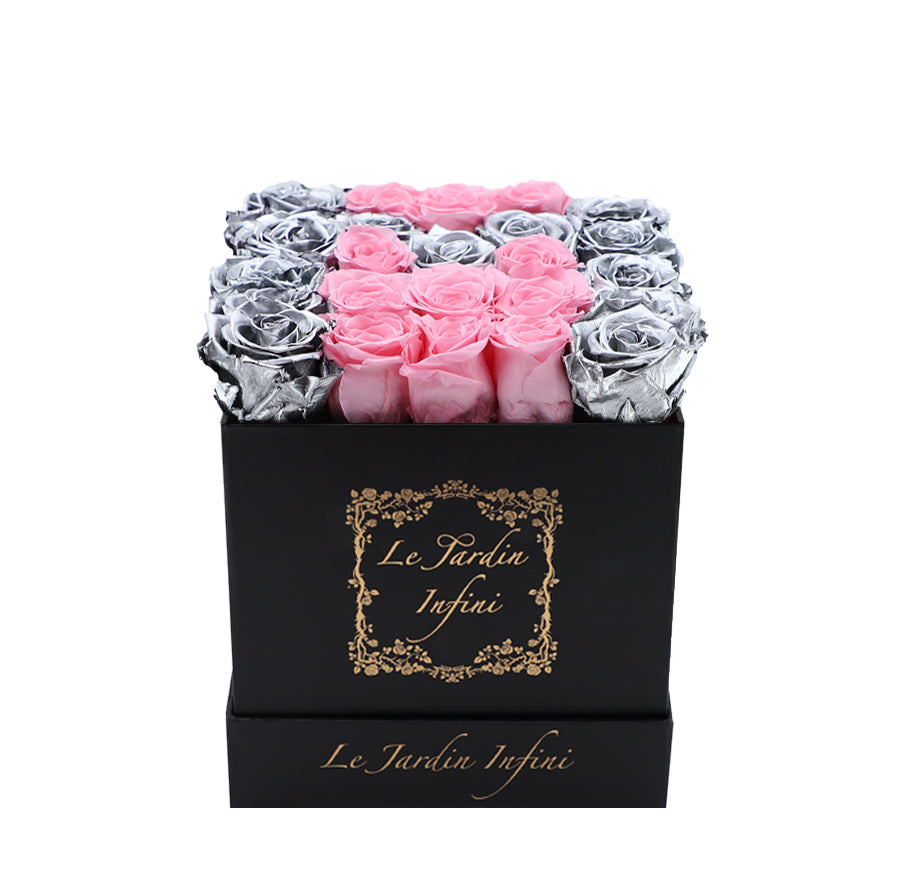 Letter M Pink & Silver Preserved Roses - Medium Black Box