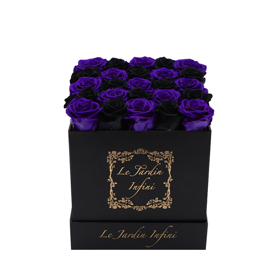 Black & Purple Checker Preserved Roses - Medium Square Black Box
