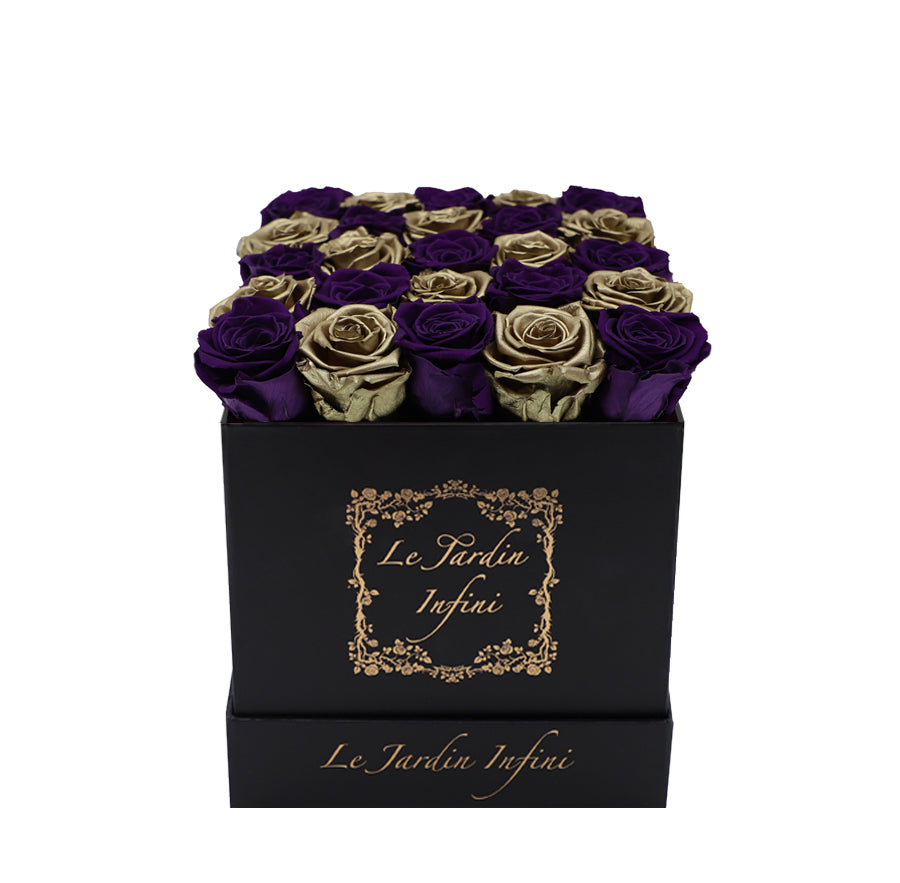 Gold & Purple Checker Preserved Roses - Medium Square Black Box
