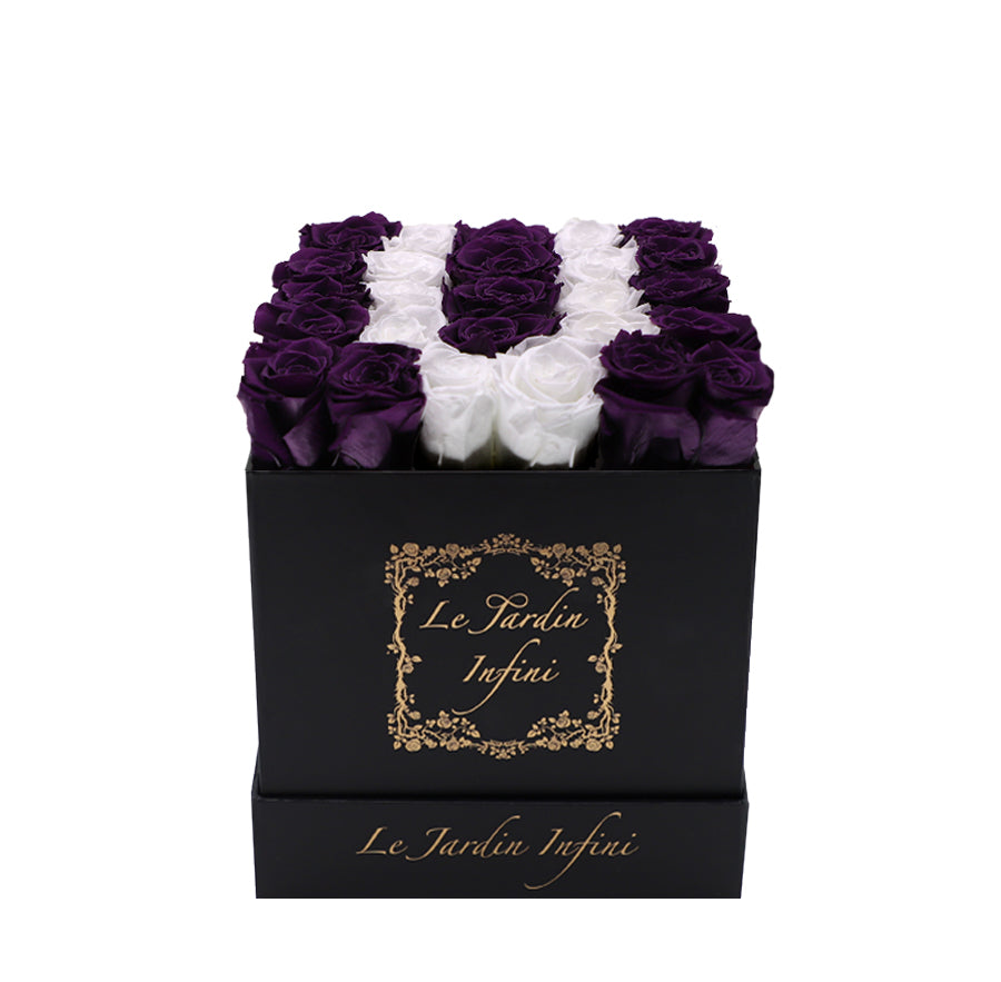 Letter U White & Purple Preserved Roses - Medium Black Box