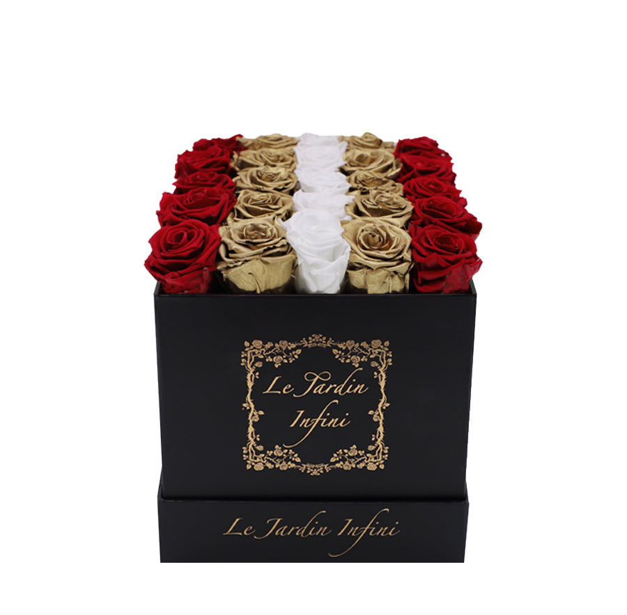 Red, Gold & White Stripes Preserved Roses - Medium Square Black Box