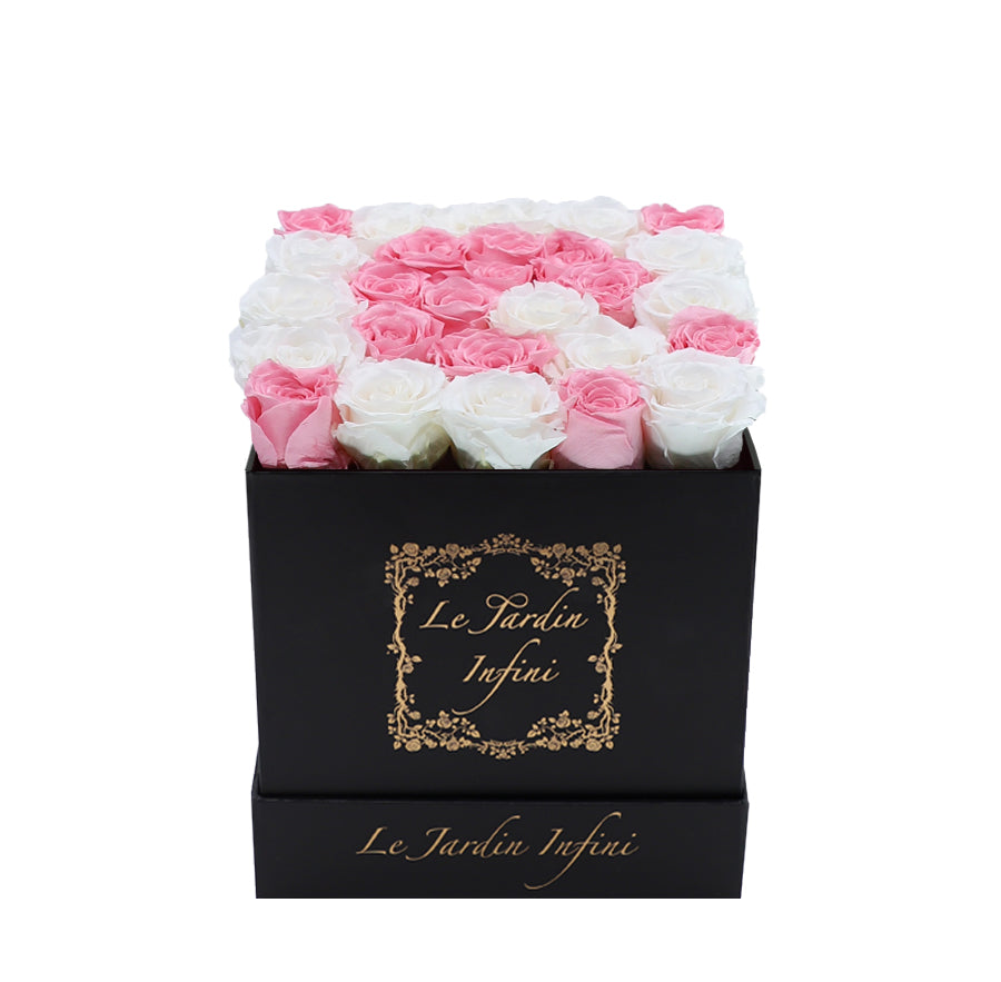 Letter Q Pink & White Preserved Roses - Luxury Medium Square Black Box