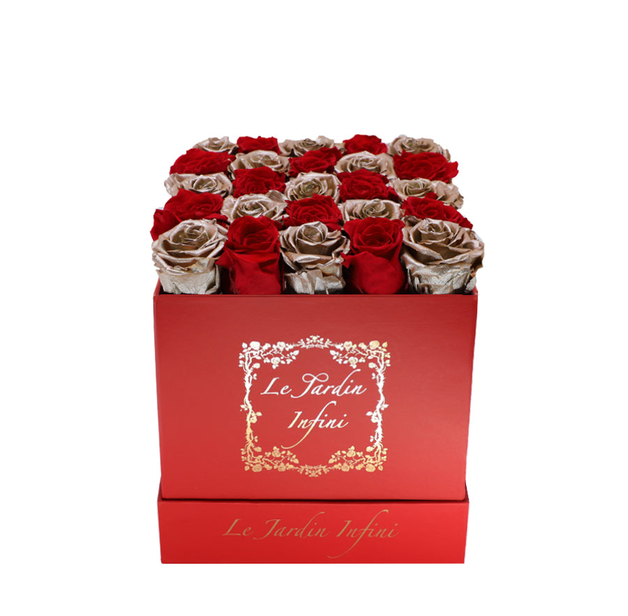Gold & Red Checker Preserved Roses - Medium Square Red Box