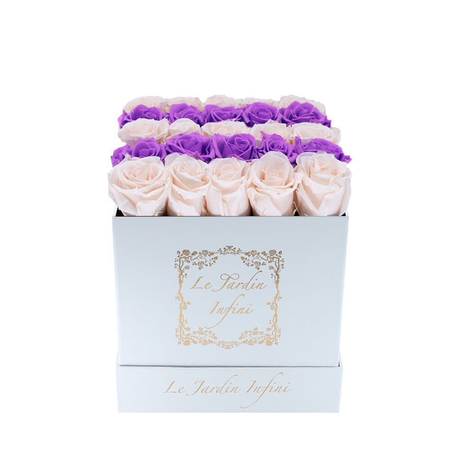 Champagne & Bright Lilac Stripes Preserved Roses - Medium Square White Box
