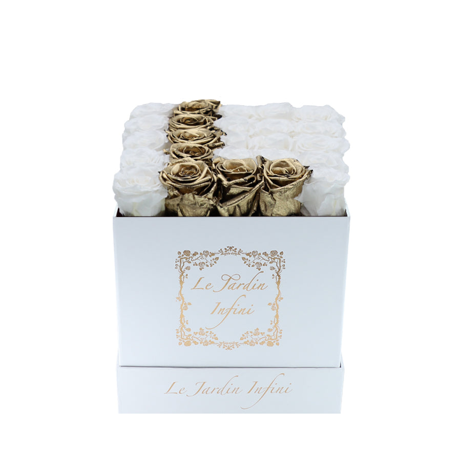 Letter L Gold & White Preserved Roses - Medium White Box