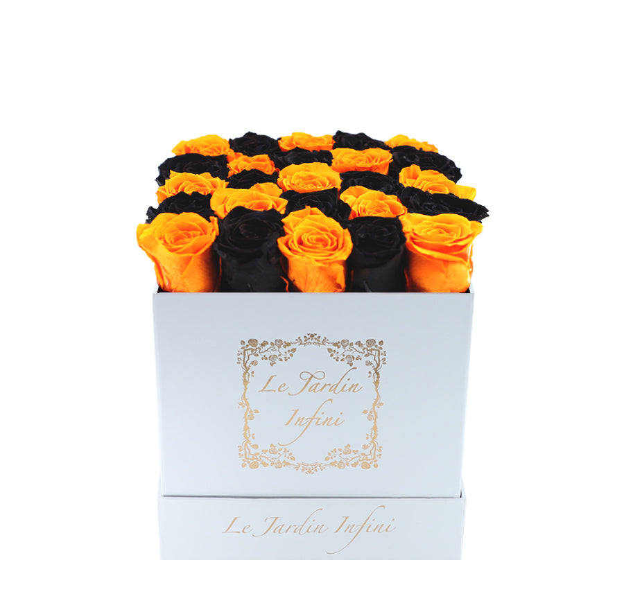 Orange & Black Checker Preserved Roses - Medium Square White Box