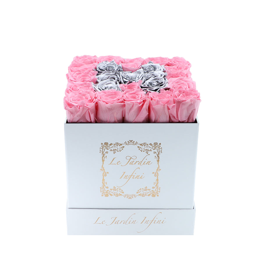 Letter H Silver & Pink Preserved Roses - Medium White Box