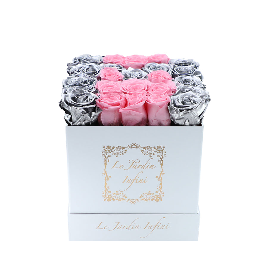 Letter M Pink & Silver Preserved Roses - Medium White Box