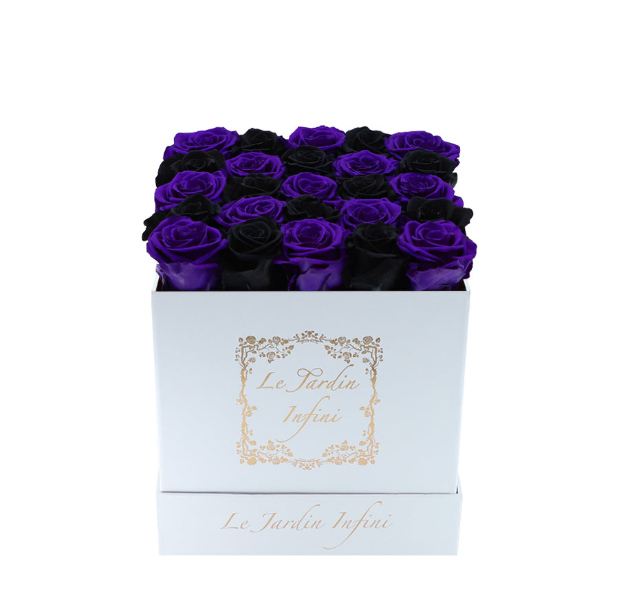 Black & Purple Checker Preserved Roses - Medium Square White Box