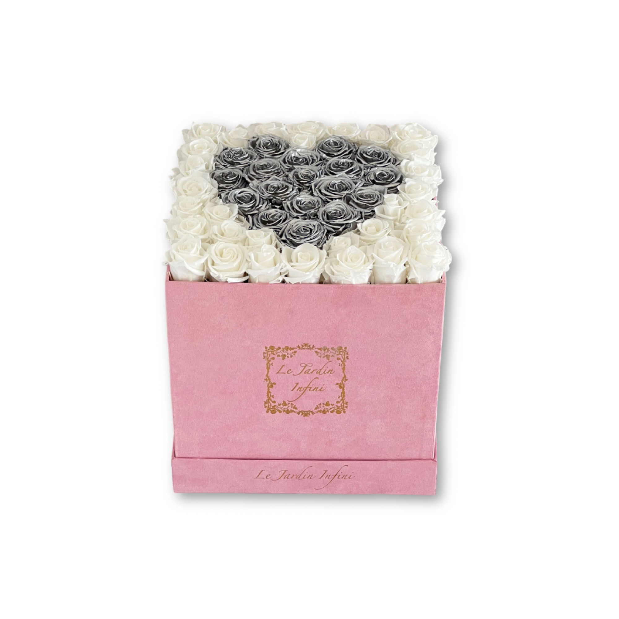 Heart Design Silver & White Preserved Roses - Large Square Luxury Pink Suede Box