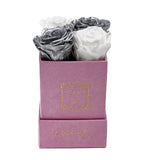 White & Silver Preserved Roses - Small Square Pink Suede Box