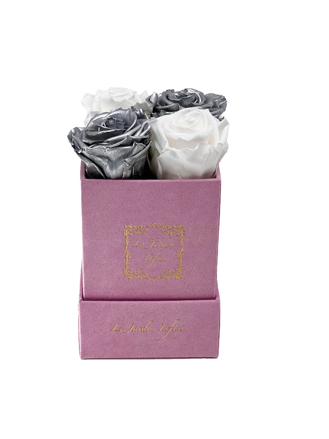 White & Silver Preserved Roses - Small Square Pink Suede Box