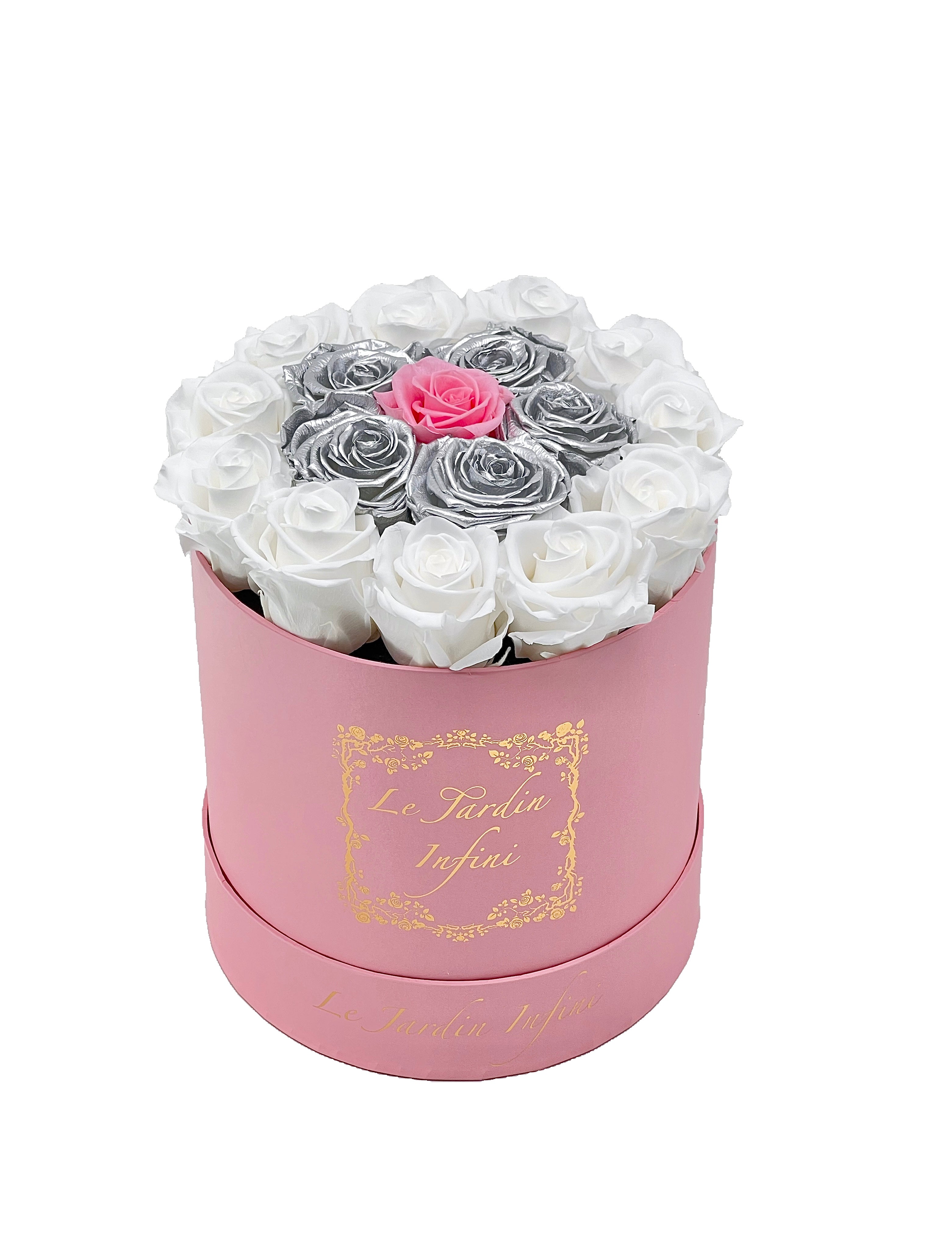 White Preserved Roses with Silver, & 1 Pink Rose - Medium Round Pink Box