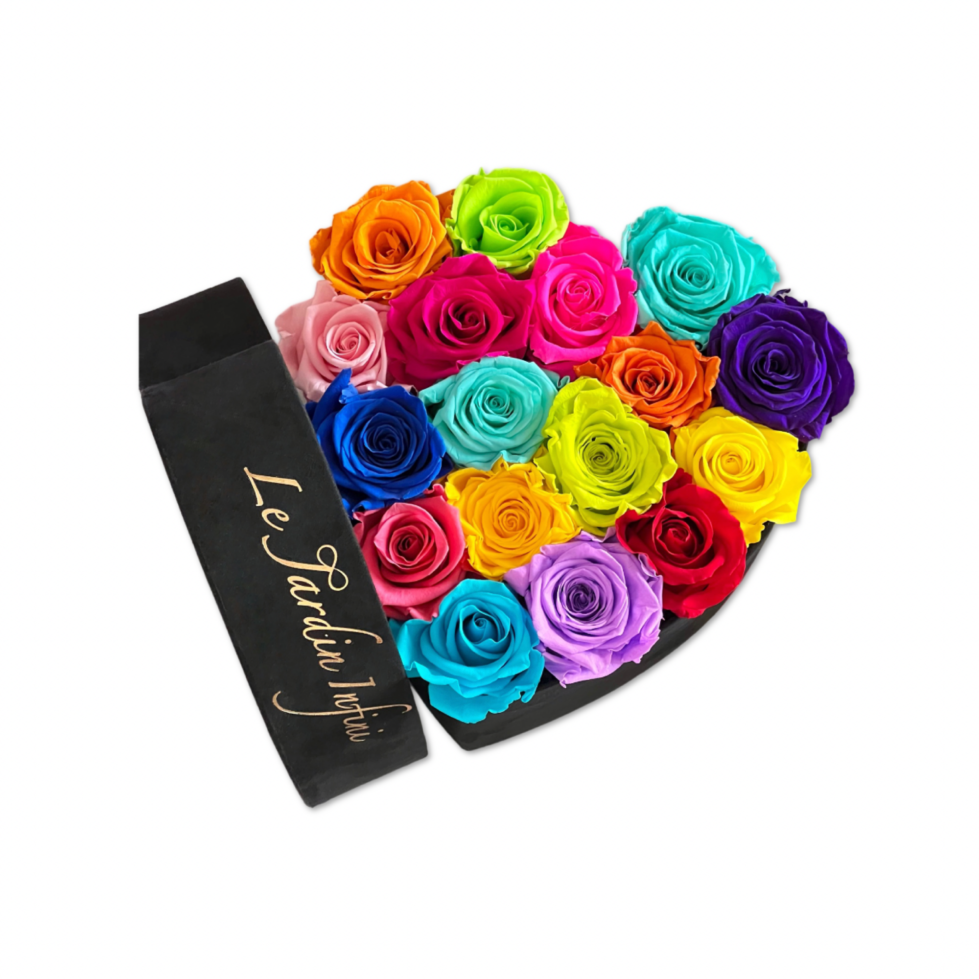 Multi-Color Preserved Roses in A Heart Shaped Box -16-18 Roses Heart Luxury Black Suede Box