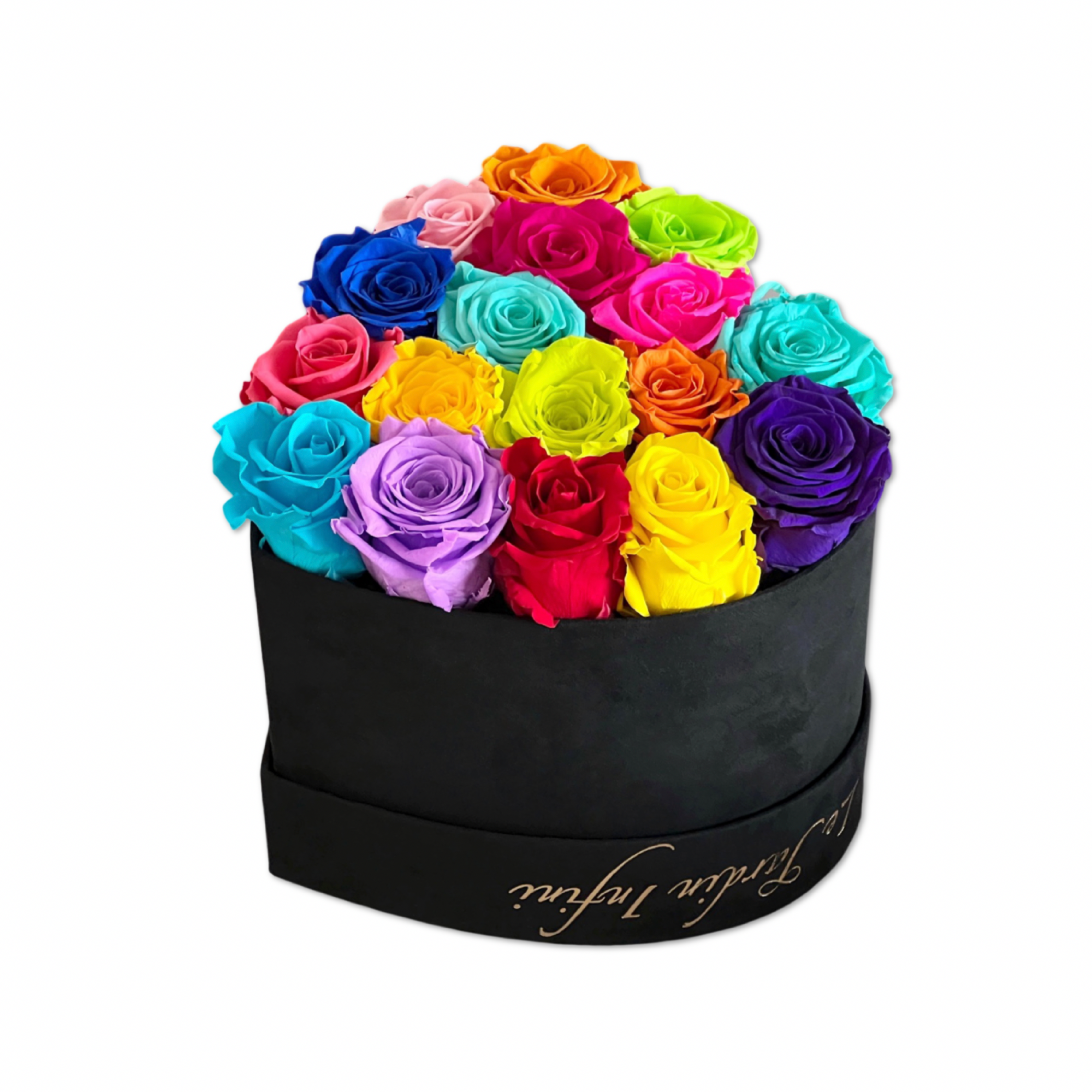 Multi-Color Preserved Roses in A Heart Shaped Box -16-18 Roses Heart Luxury Black Suede Box