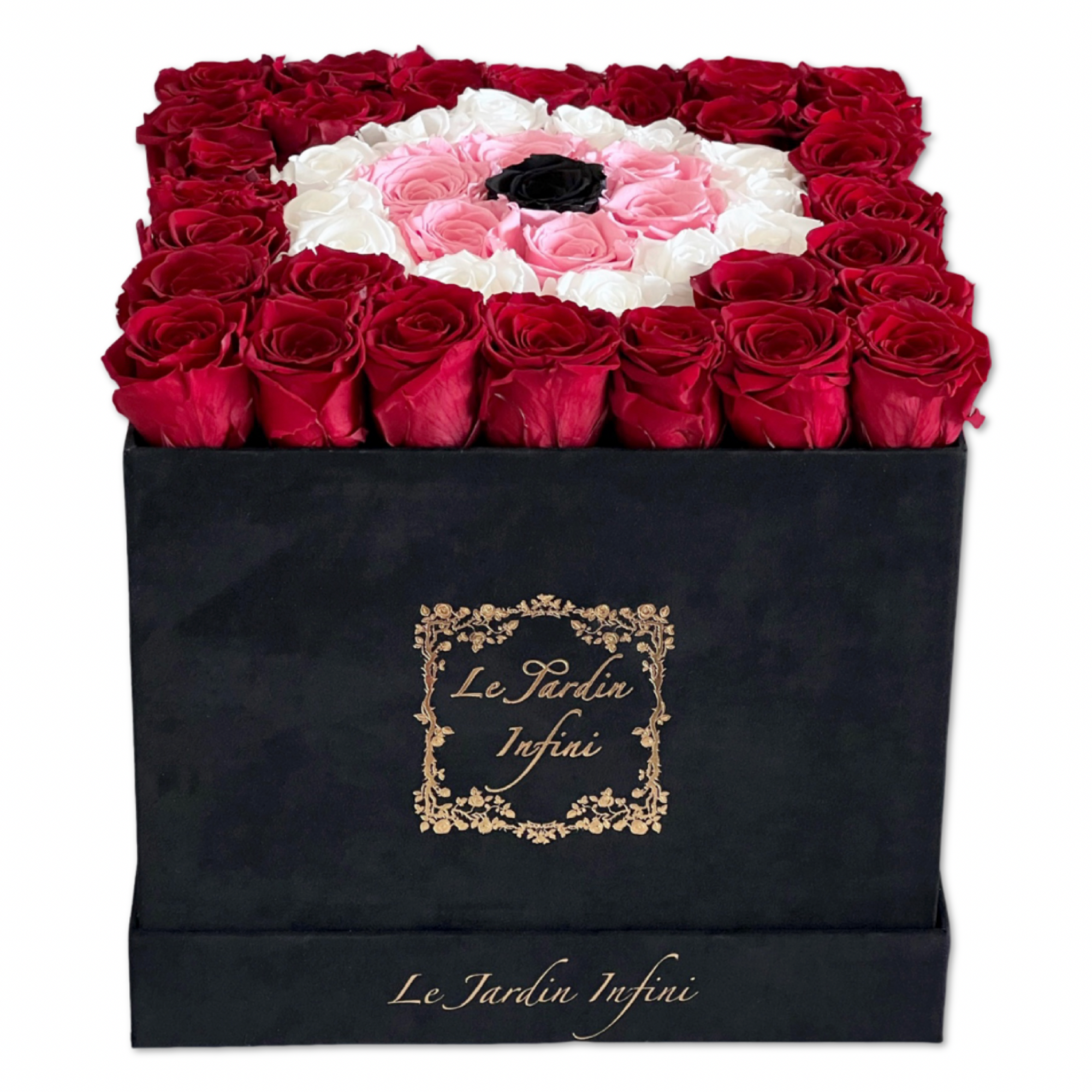 Red Evil Eye- Deep Red, White, Soft Pink and Black Preserved Roses-Large Square Luxury Black Suede Box