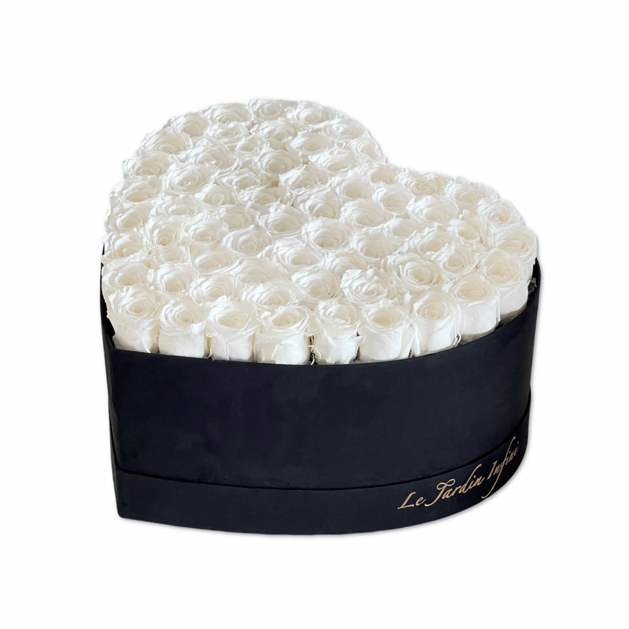65-75 White Preserved Roses In A Heart Shaped Box- Medium Heart Luxury Black Suede Box