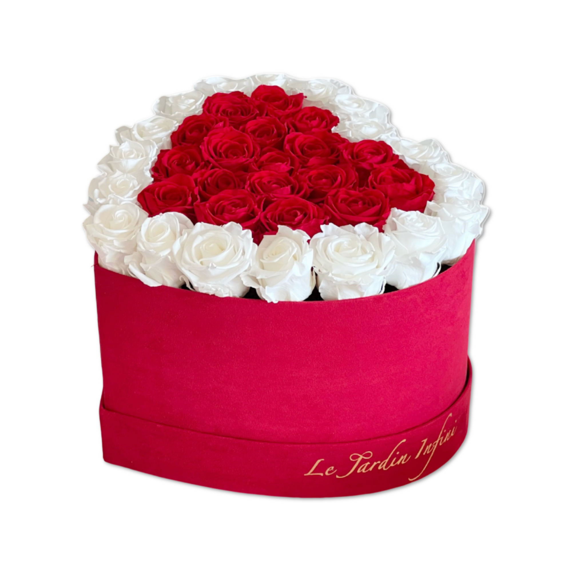 36 White & Red Preserved Roses in a Heart Shaped Luxury Red Suede Box