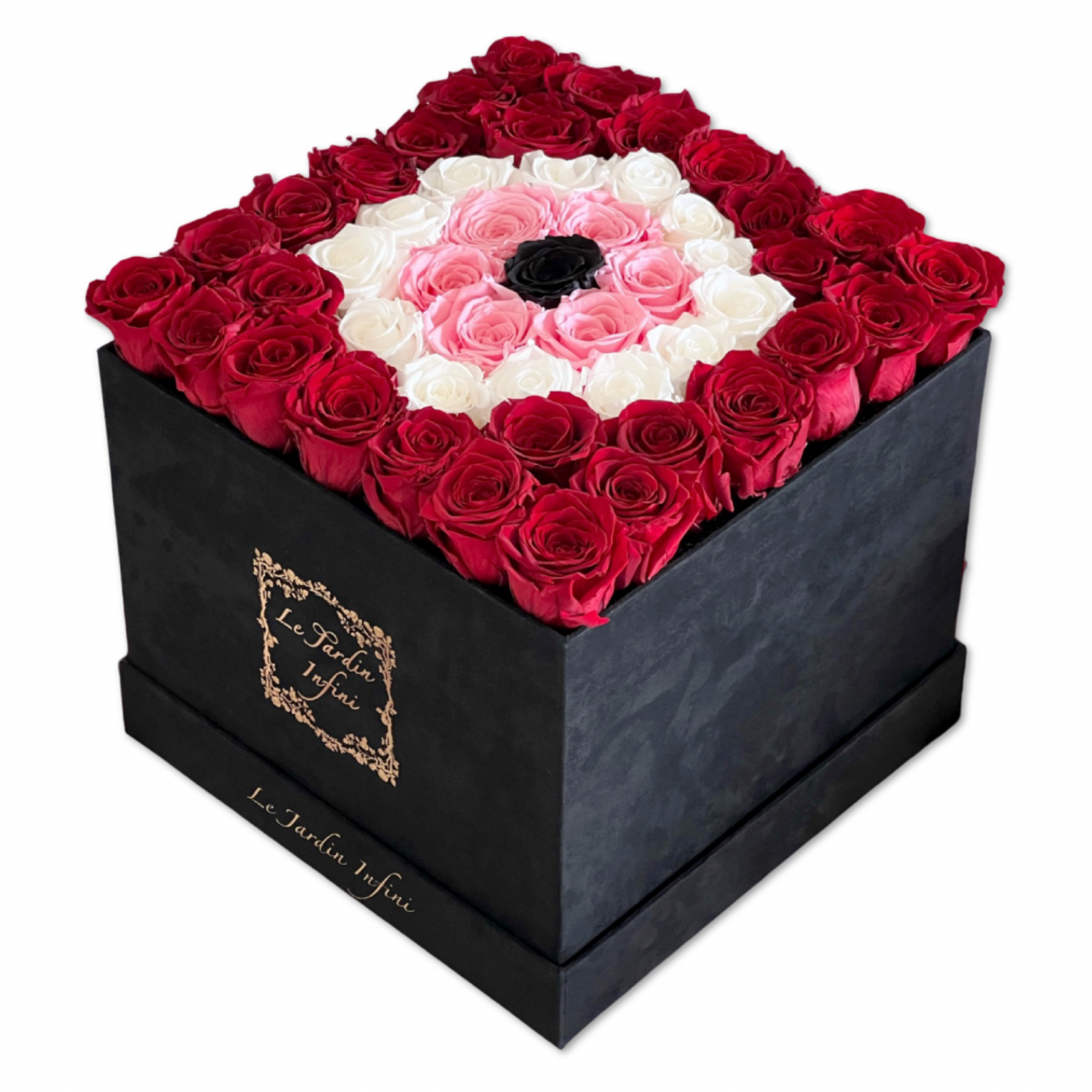 Red Evil Eye- Deep Red, White, Soft Pink and Black Preserved Roses-Large Square Luxury Black Suede Box