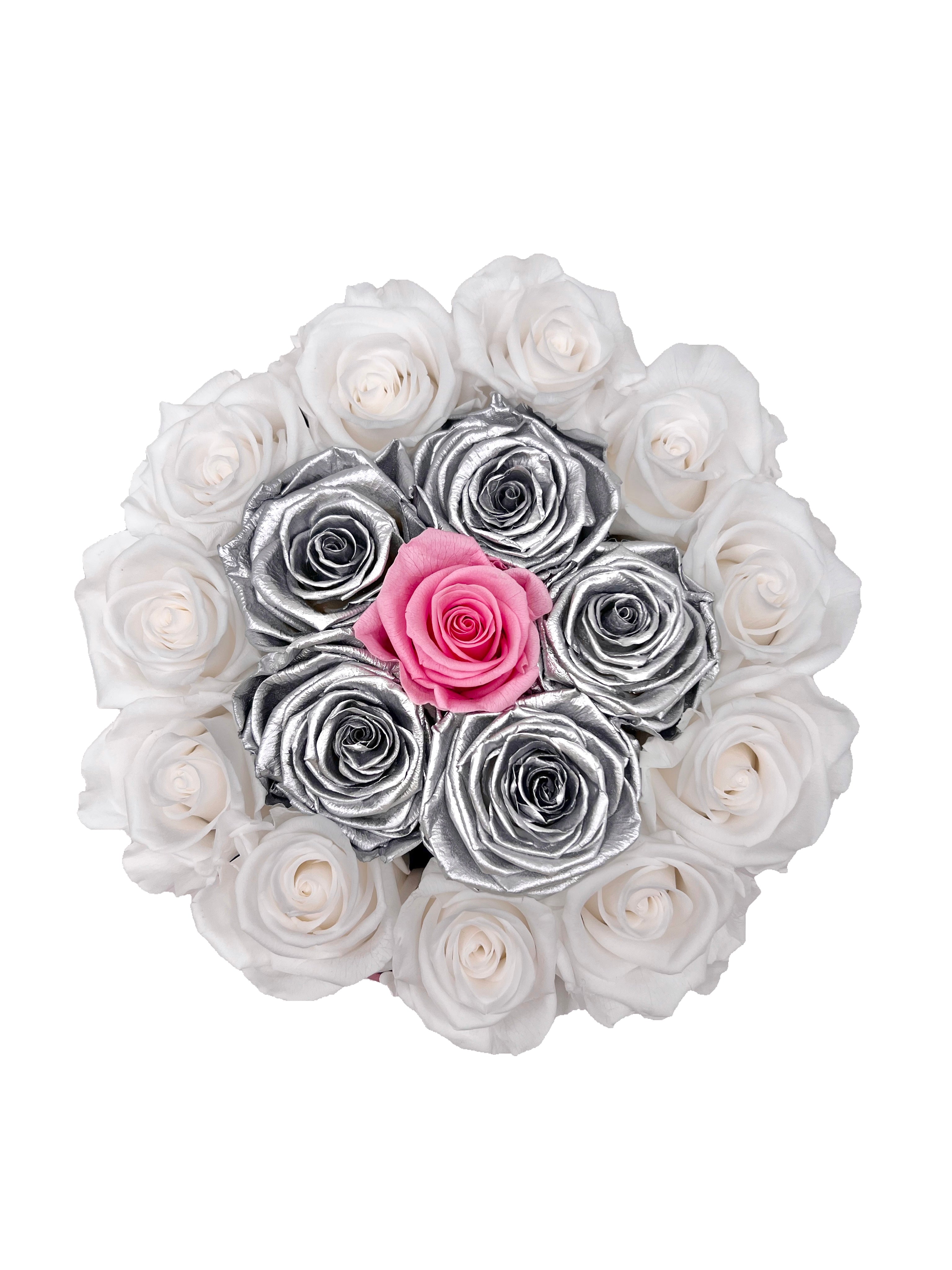 White Preserved Roses with Silver, & 1 Pink Rose - Medium Round Pink Box
