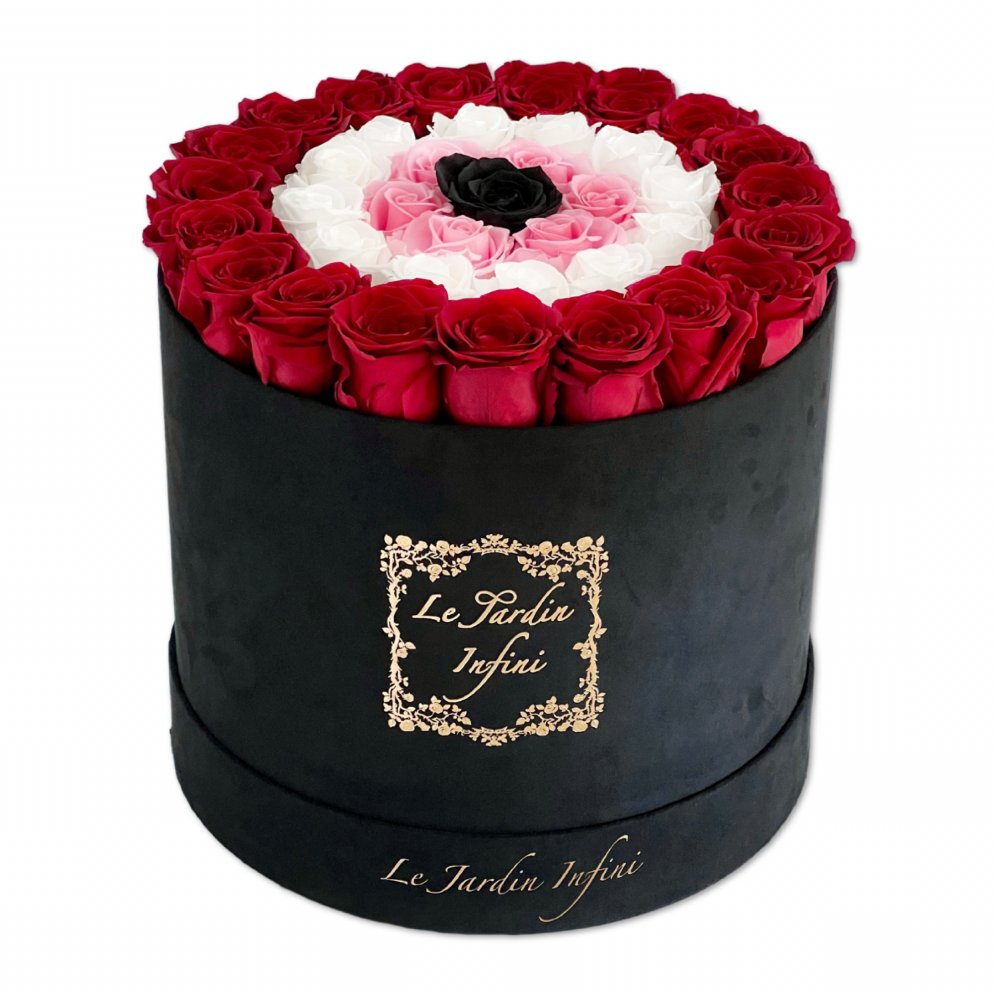 Red Evil Eye- Deep Red, White, Soft Pink and Black Preserved Roses-Large Round Luxury Black Suede Box