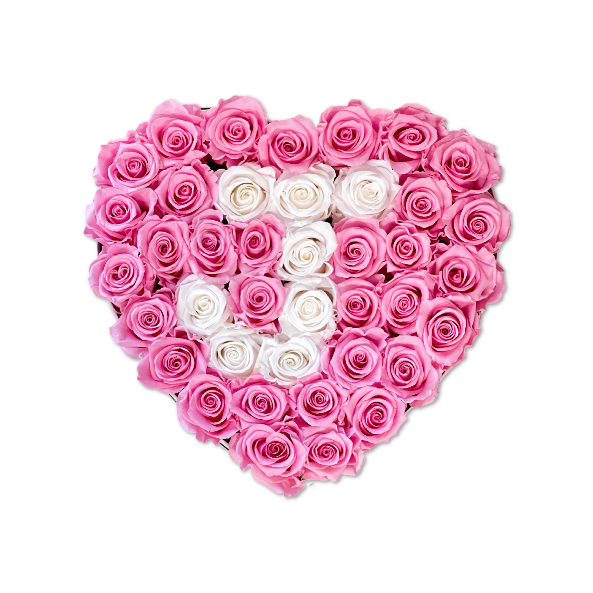 Letter J 36 White & Soft Pink Preserved Roses in A Heart Shaped Box - Small Heart Luxury White Suede Box