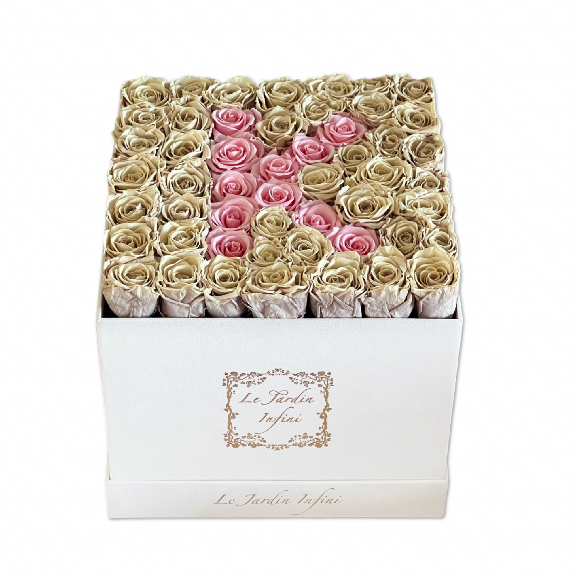 Letter K Pink & Sand Beige Preserved Roses-Large Square White Suede Box