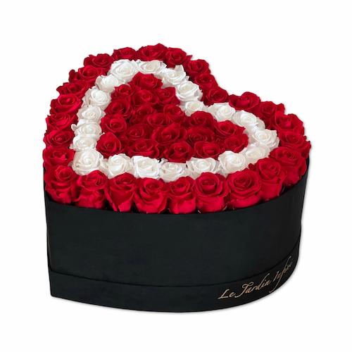 65-75 Red & White Double Heart Preserved Roses in A Heart Shaped Box - Medium Heart Luxury Black Suede Box
