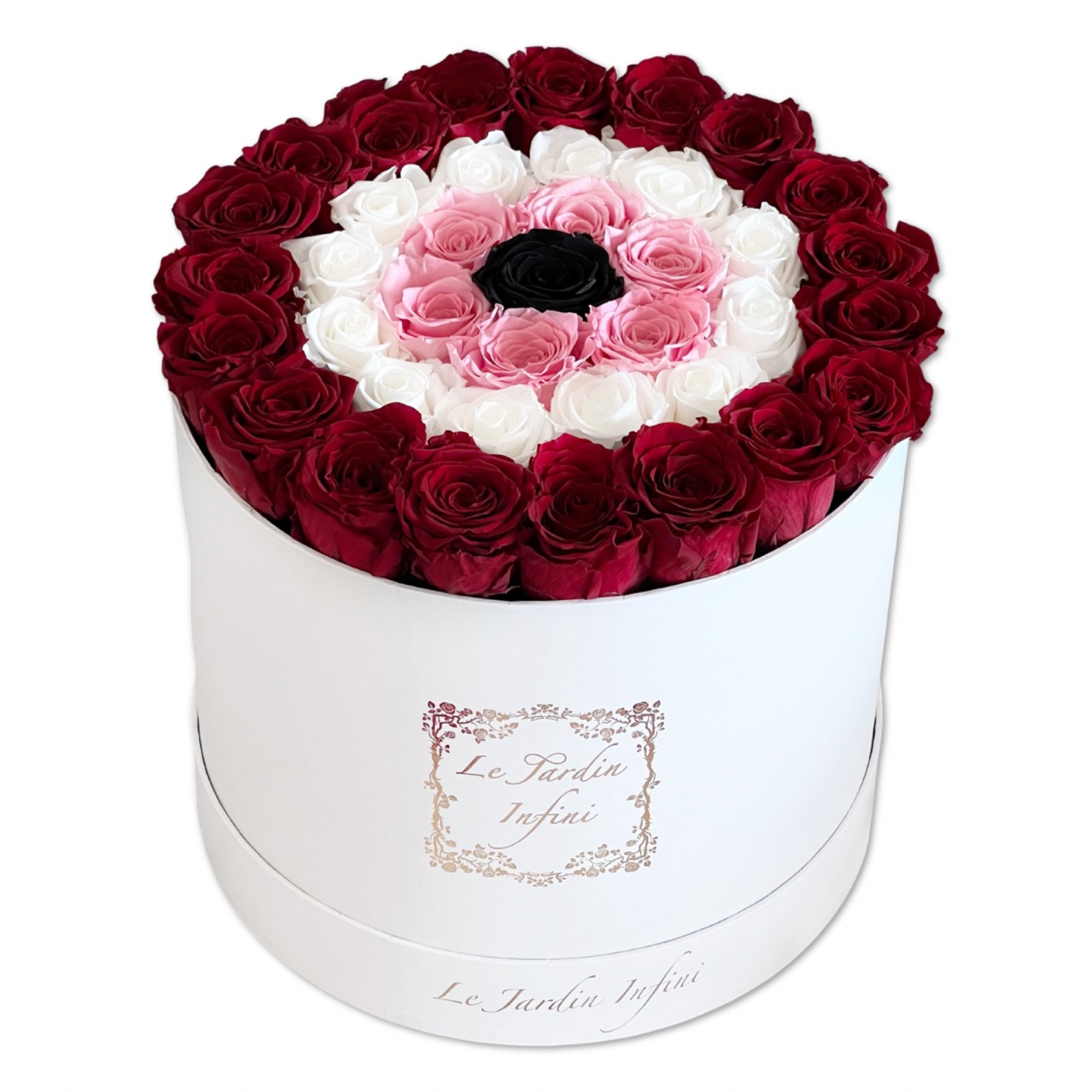 Red Evil Eye- Deep Red, White, Soft Pink & Black Preserved Roses-Large Round Luxury White Box