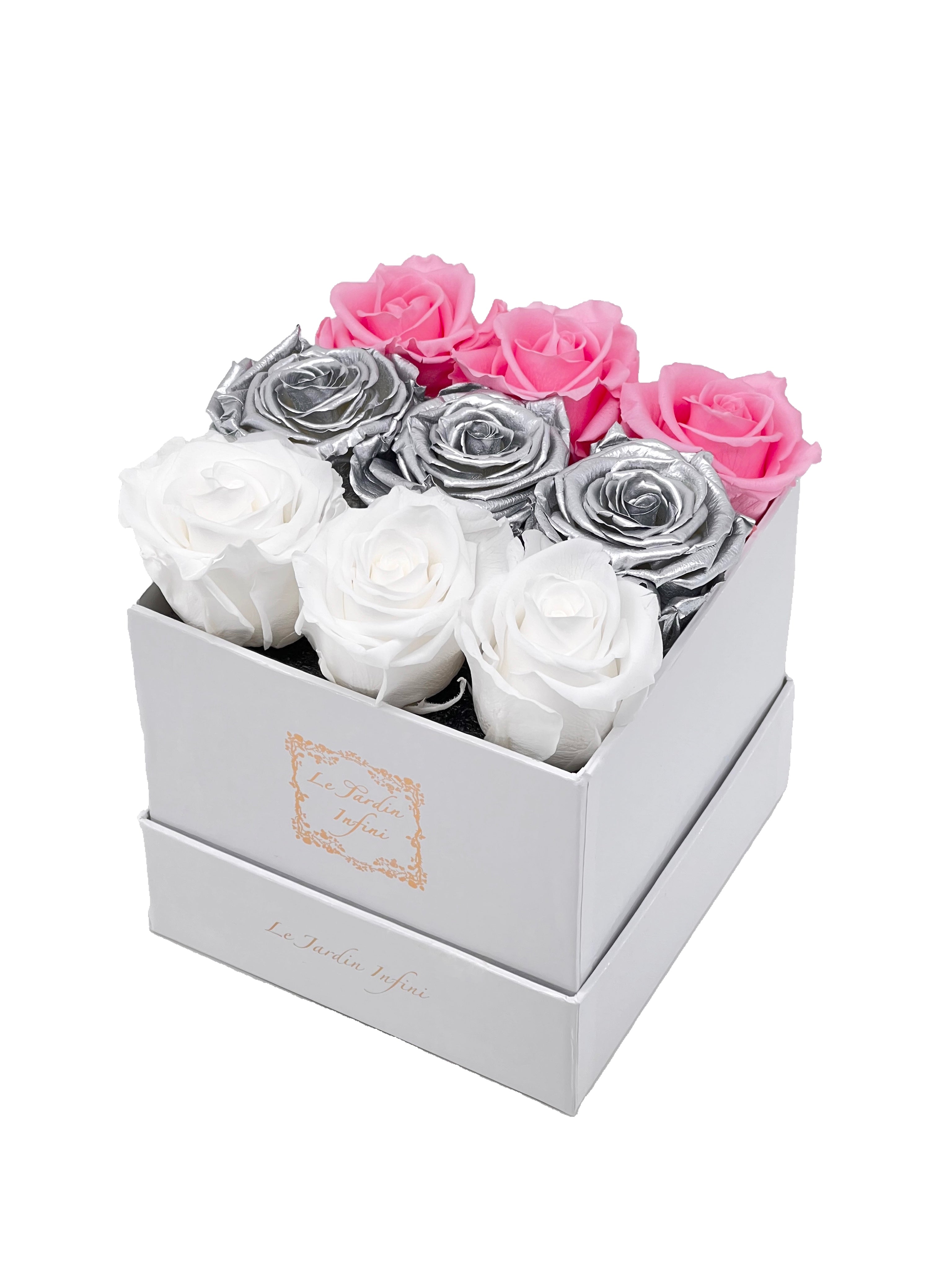 9 White, Silver & Pink Rows Preserved Roses - Luxury Square Shiny White Box