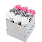 9 White, Silver & Pink Rows Preserved Roses - Luxury Square Shiny White Box