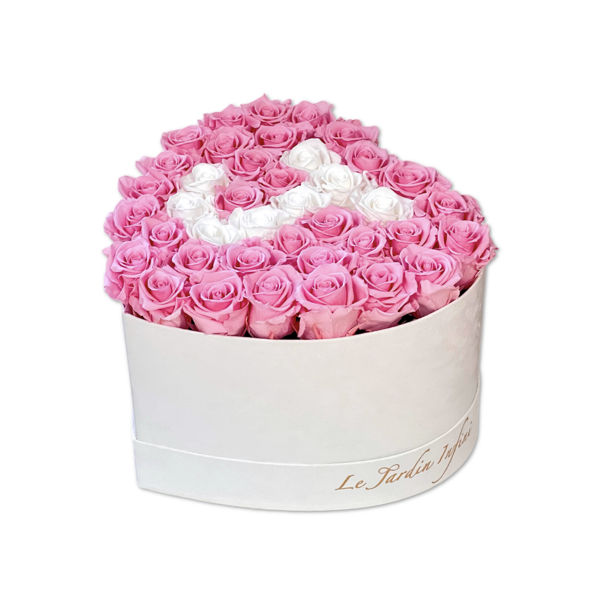 Letter J 36 White & Soft Pink Preserved Roses in A Heart Shaped Box - Small Heart Luxury White Suede Box