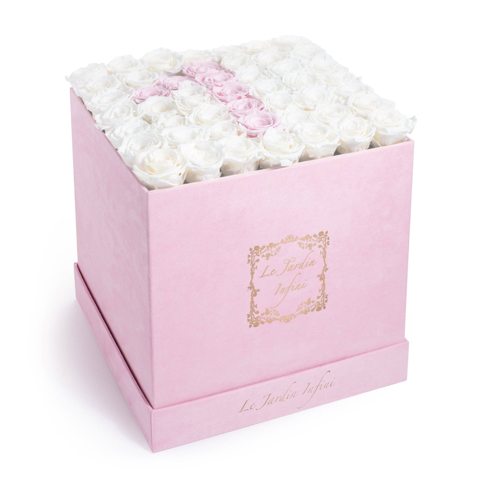 #1 Soft Pink & White Preserved Roses - Large Square Luxury Pink Suede Box